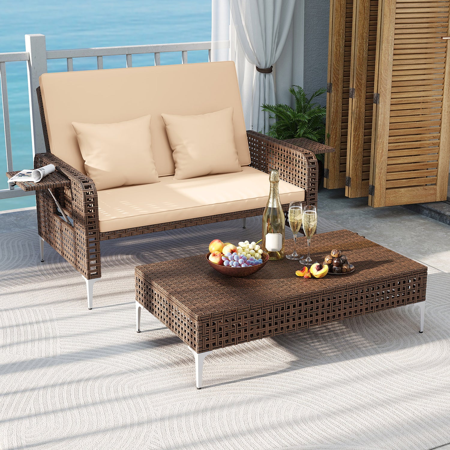 2 Piece Patio Rattan Daybed Wicker Loveseat and Ottoman with Adjustable Backrest