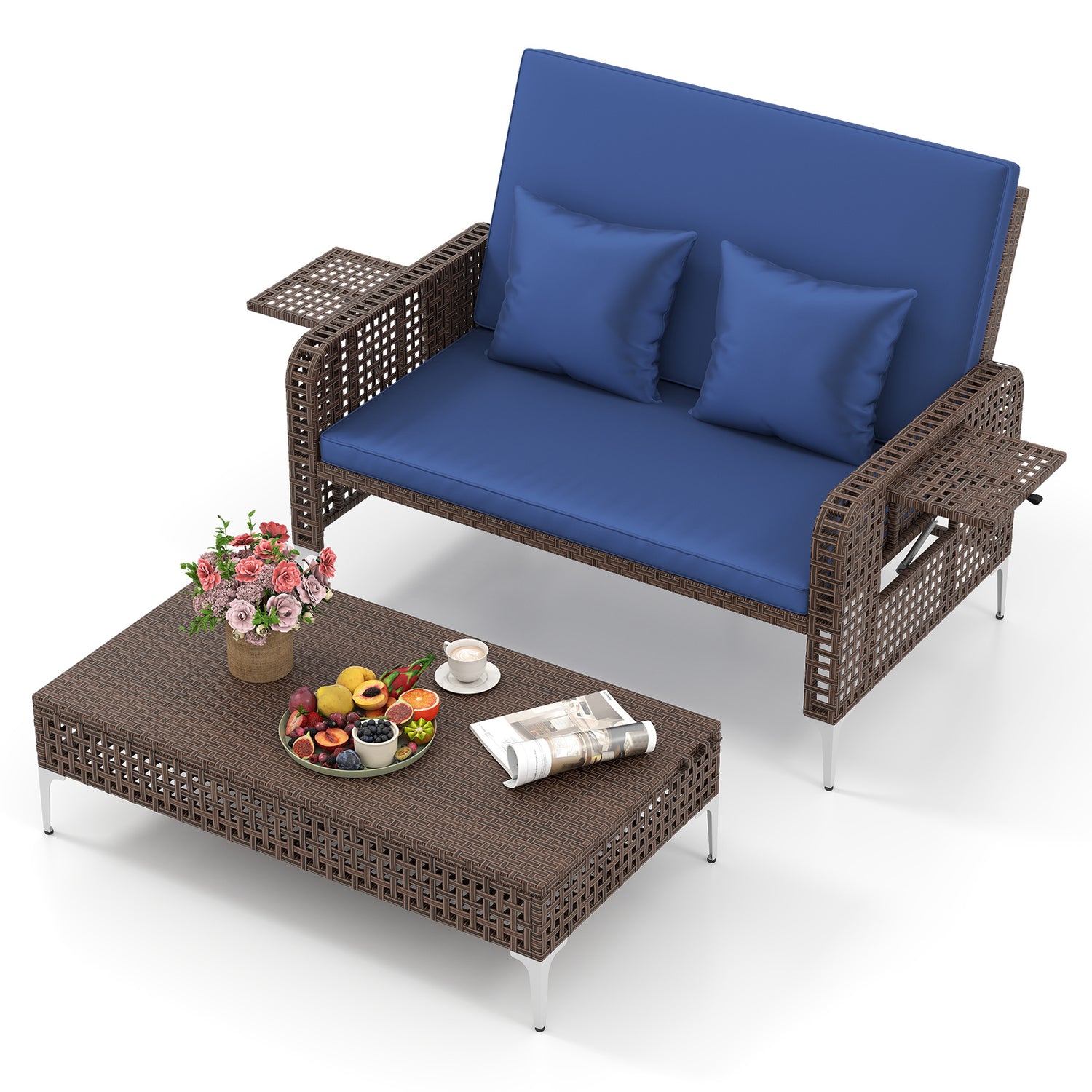 2 Piece Patio Rattan Daybed Wicker Loveseat and Ottoman with Adjustable Backrest