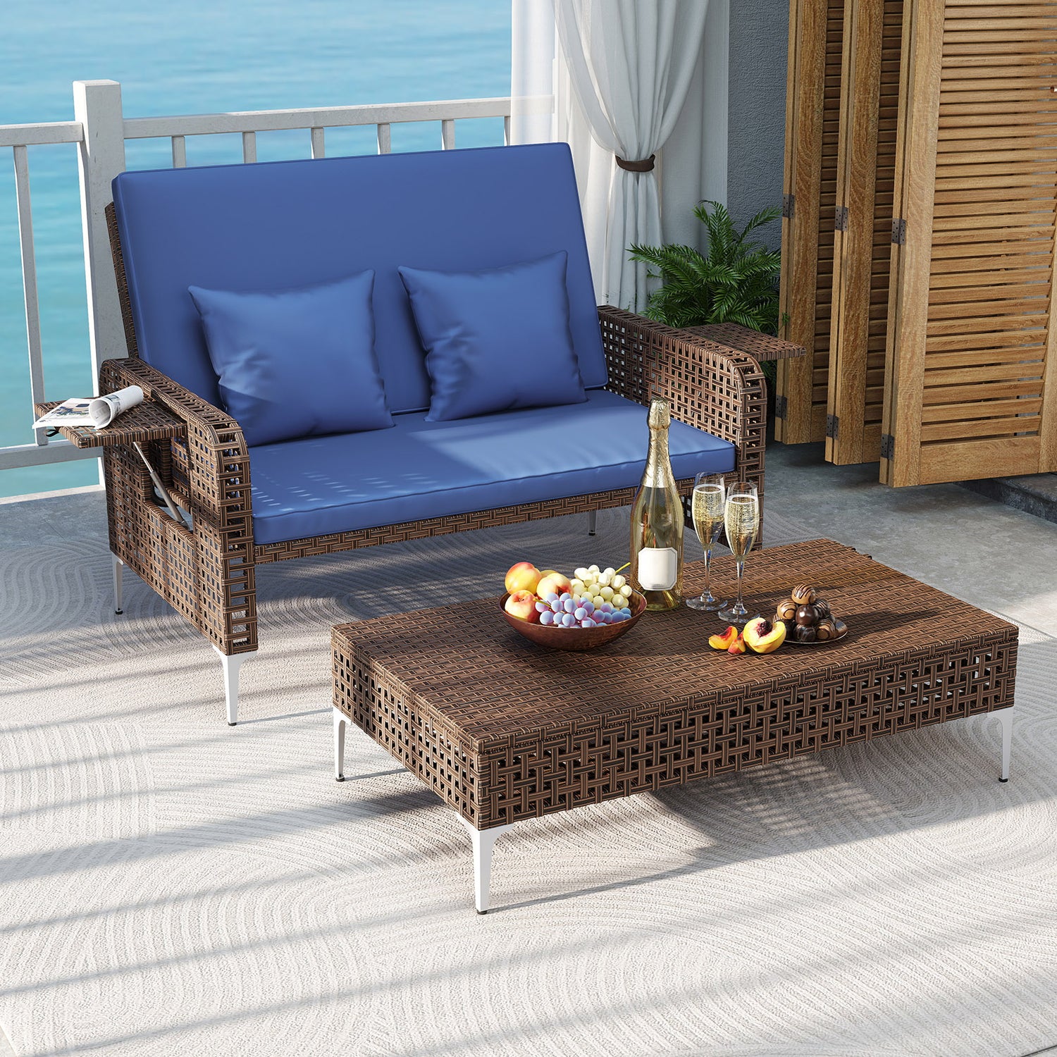 2 Piece Patio Rattan Daybed Wicker Loveseat and Ottoman with Adjustable Backrest