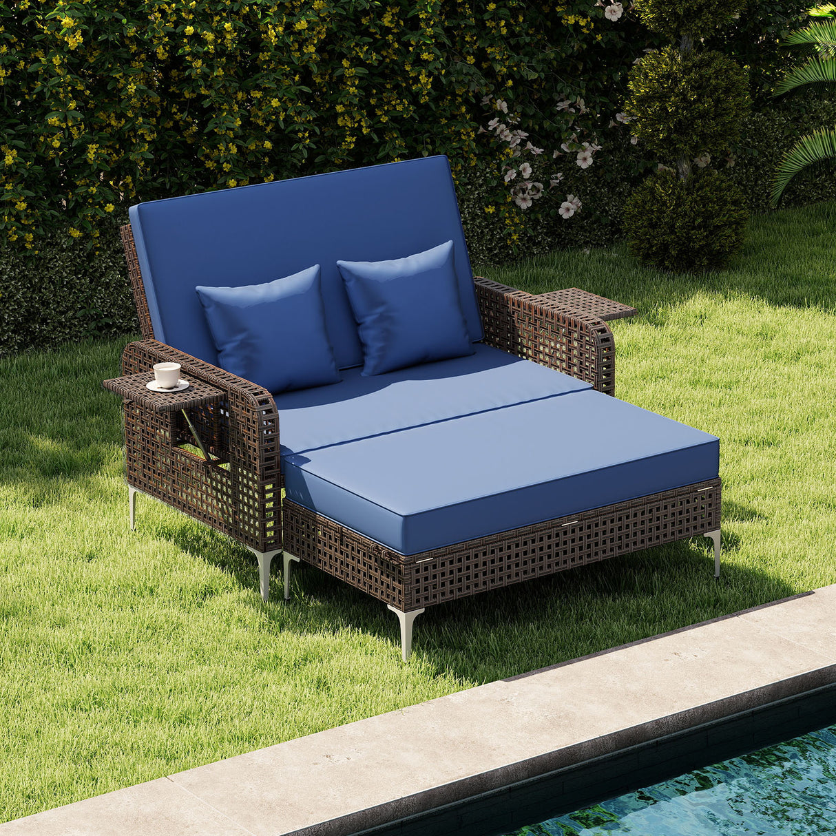 2 Piece Patio Rattan Daybed Wicker Loveseat and Ottoman with Adjustable Backrest
