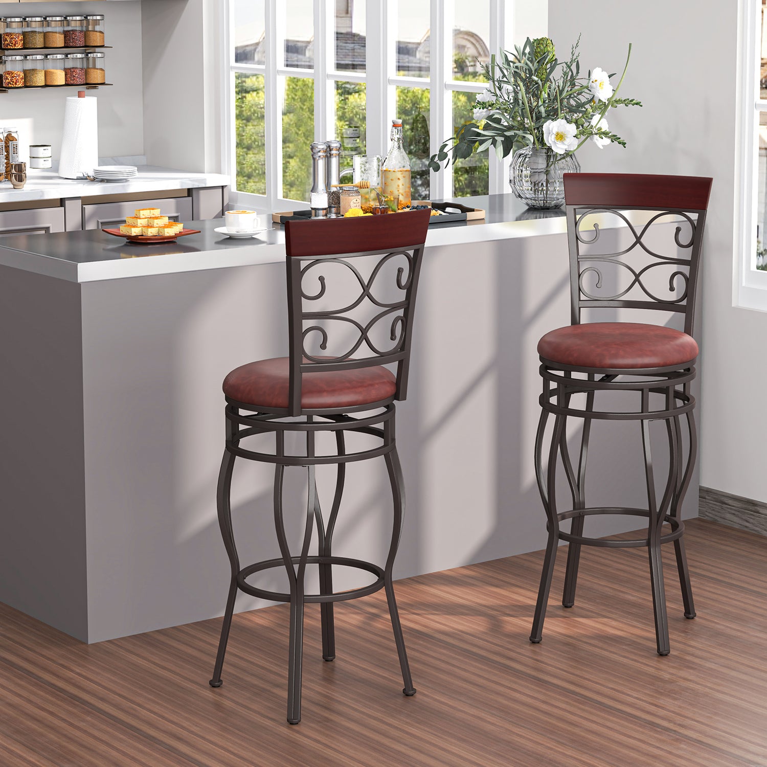 2 Pieces 30 Inch 360 Degree Swivel Bar Stools with Leather Padded Seat