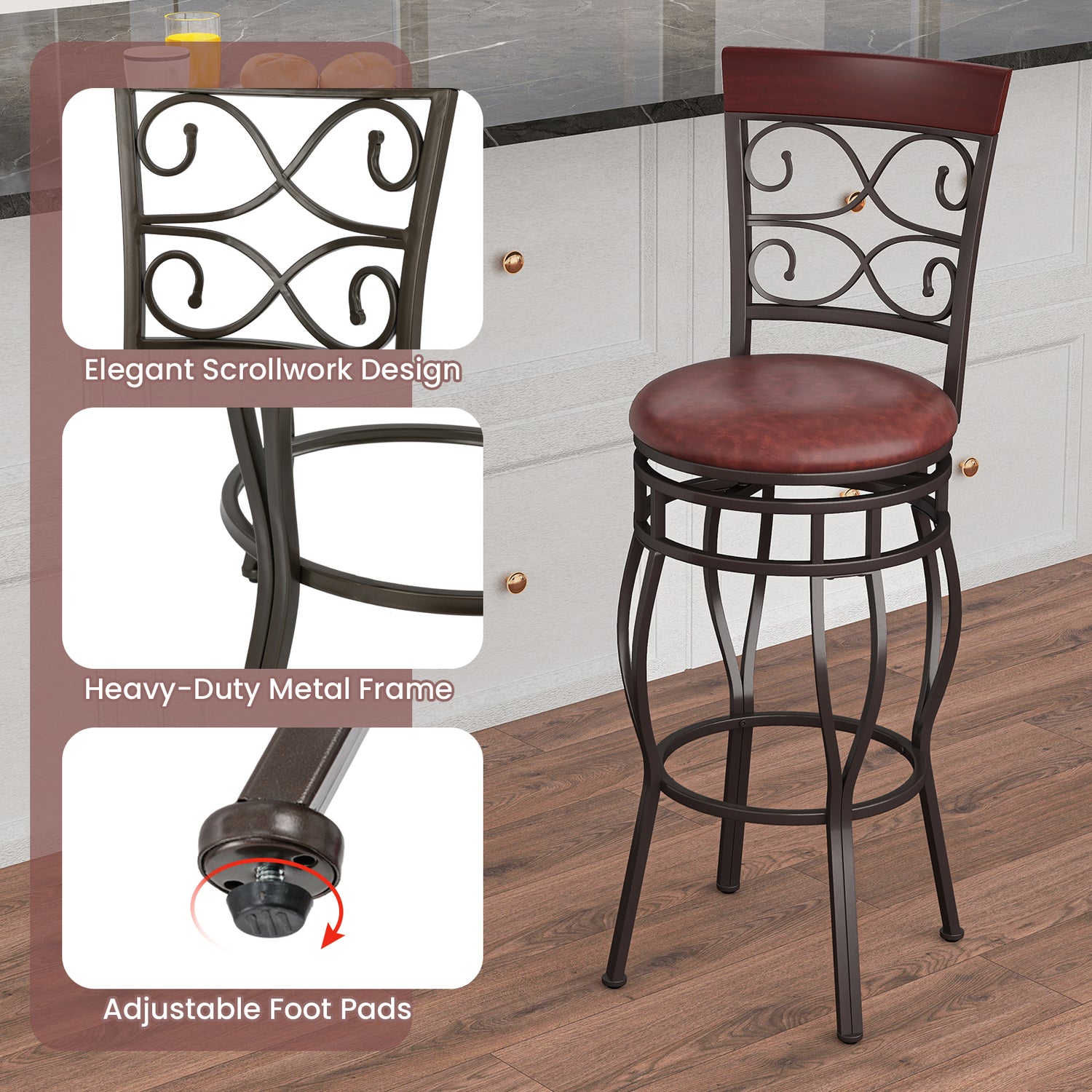 2 Pieces 30 Inch 360 Degree Swivel Bar Stools with Leather Padded Seat