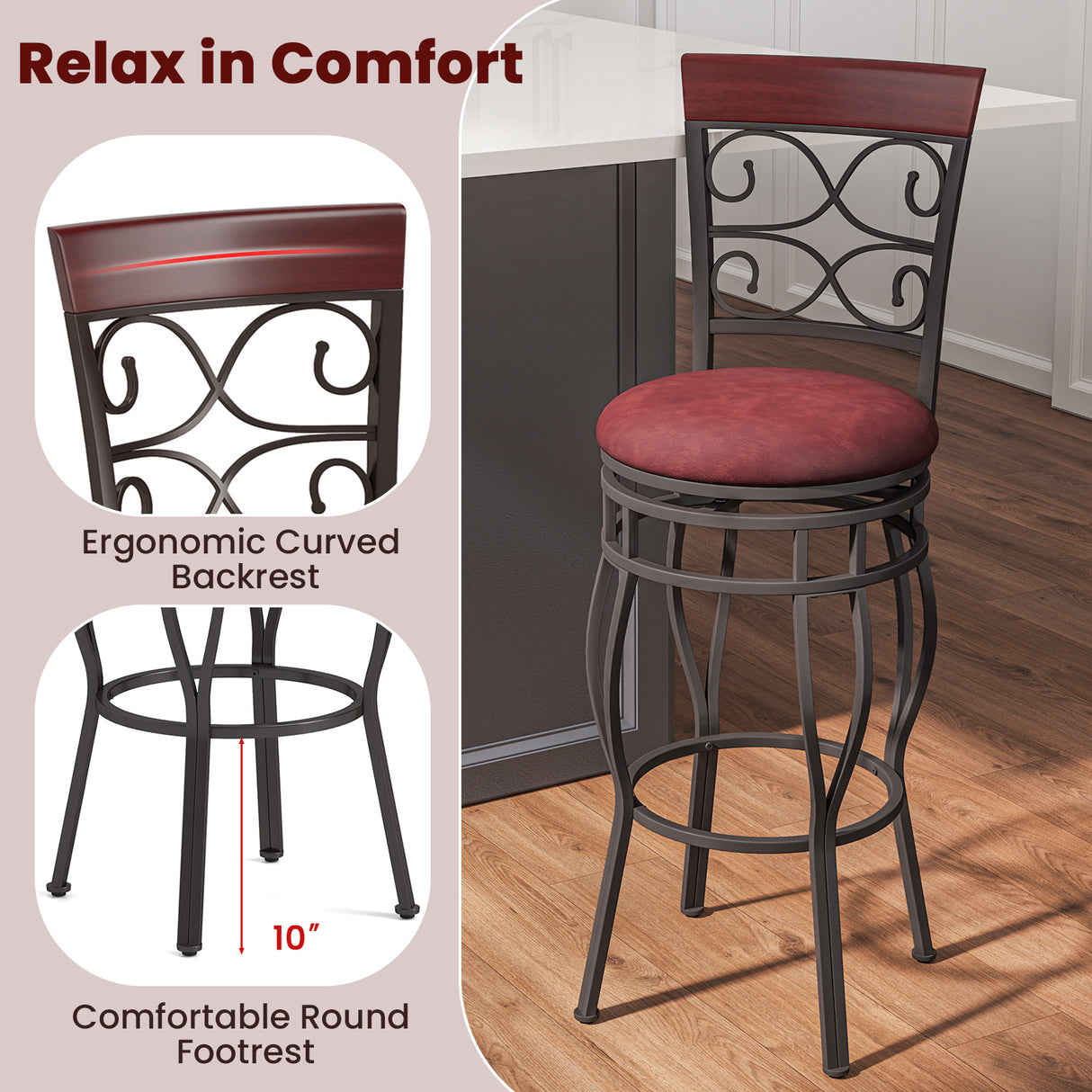 2 Pieces 30 Inch 360 Degree Swivel Bar Stools with Leather Padded Seat