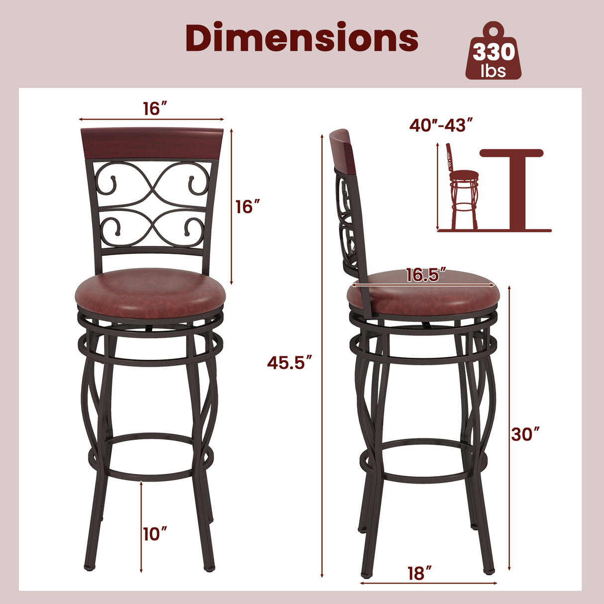 2 Pieces 30 Inch 360 Degree Swivel Bar Stools with Leather Padded Seat