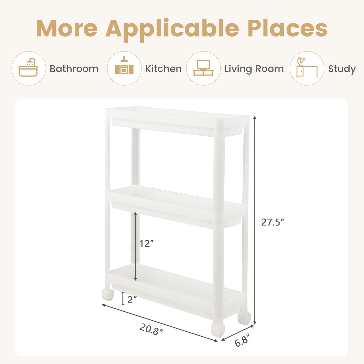 2 Pieces 3-Tier Slim Detachable Storage Cart with Drainage Holes and Wheels-White