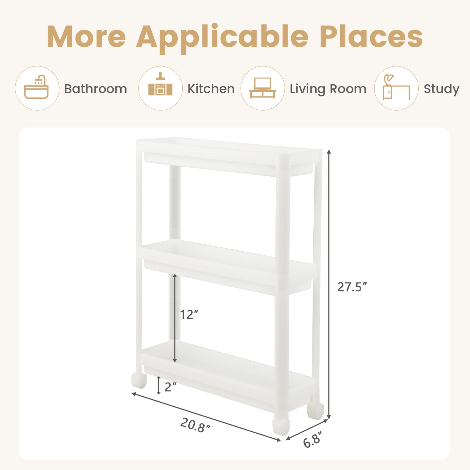 2 Pieces 3-Tier Slim Detachable Storage Cart with Drainage Holes and Wheels-White