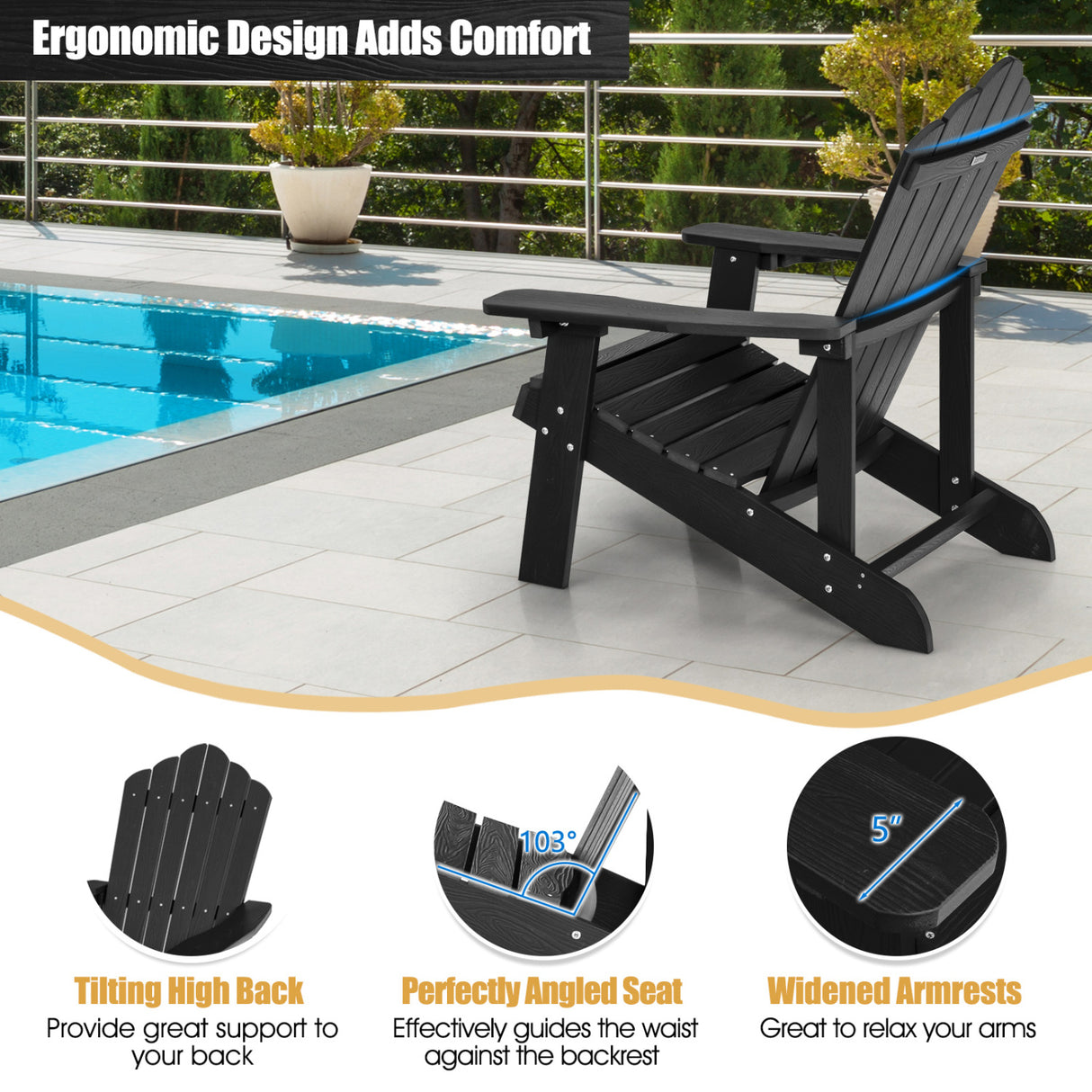2 Pieces Adirondack Chair Set with Ergonomic Design for Porch and Backyard