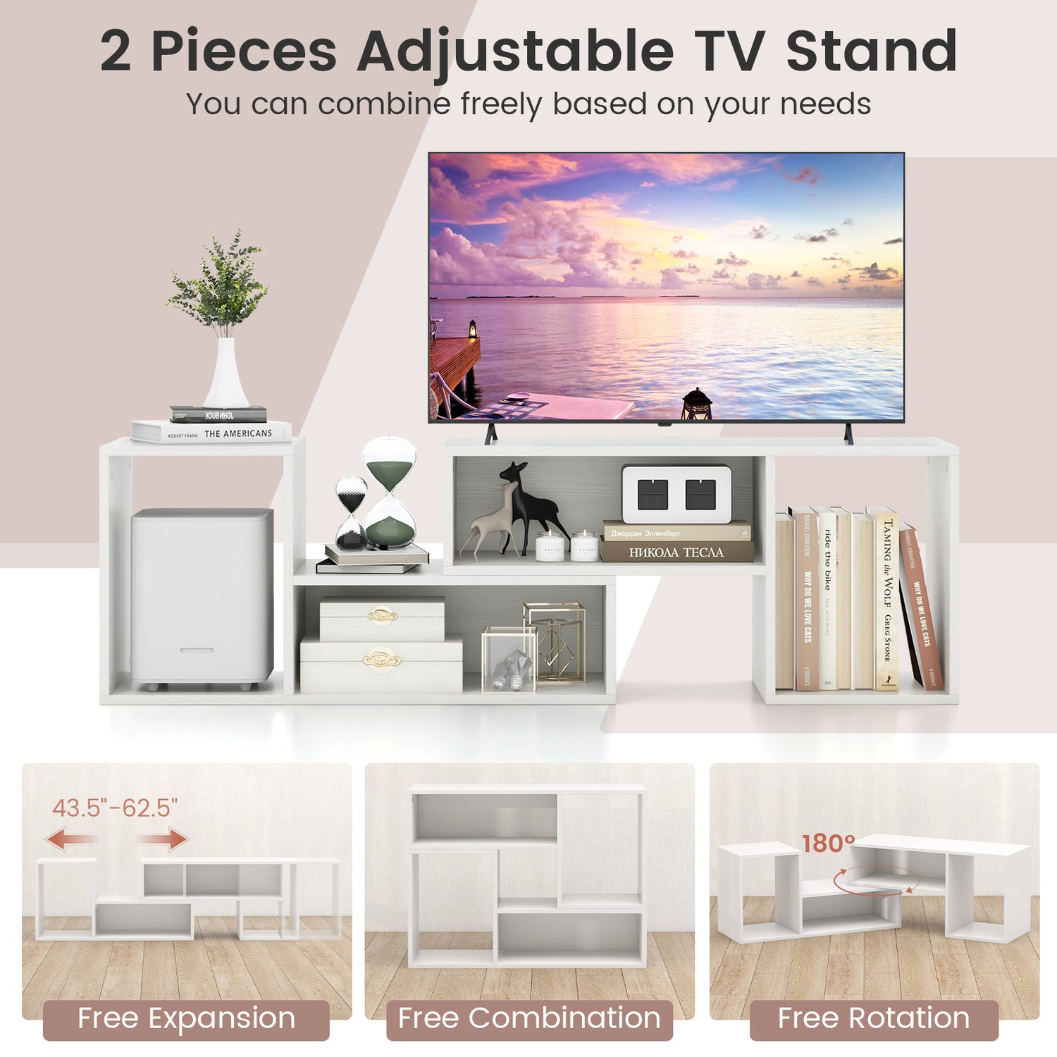 2 Pieces Adjustable TV Stand for TVs up to 55 Inch with Storage Cubes