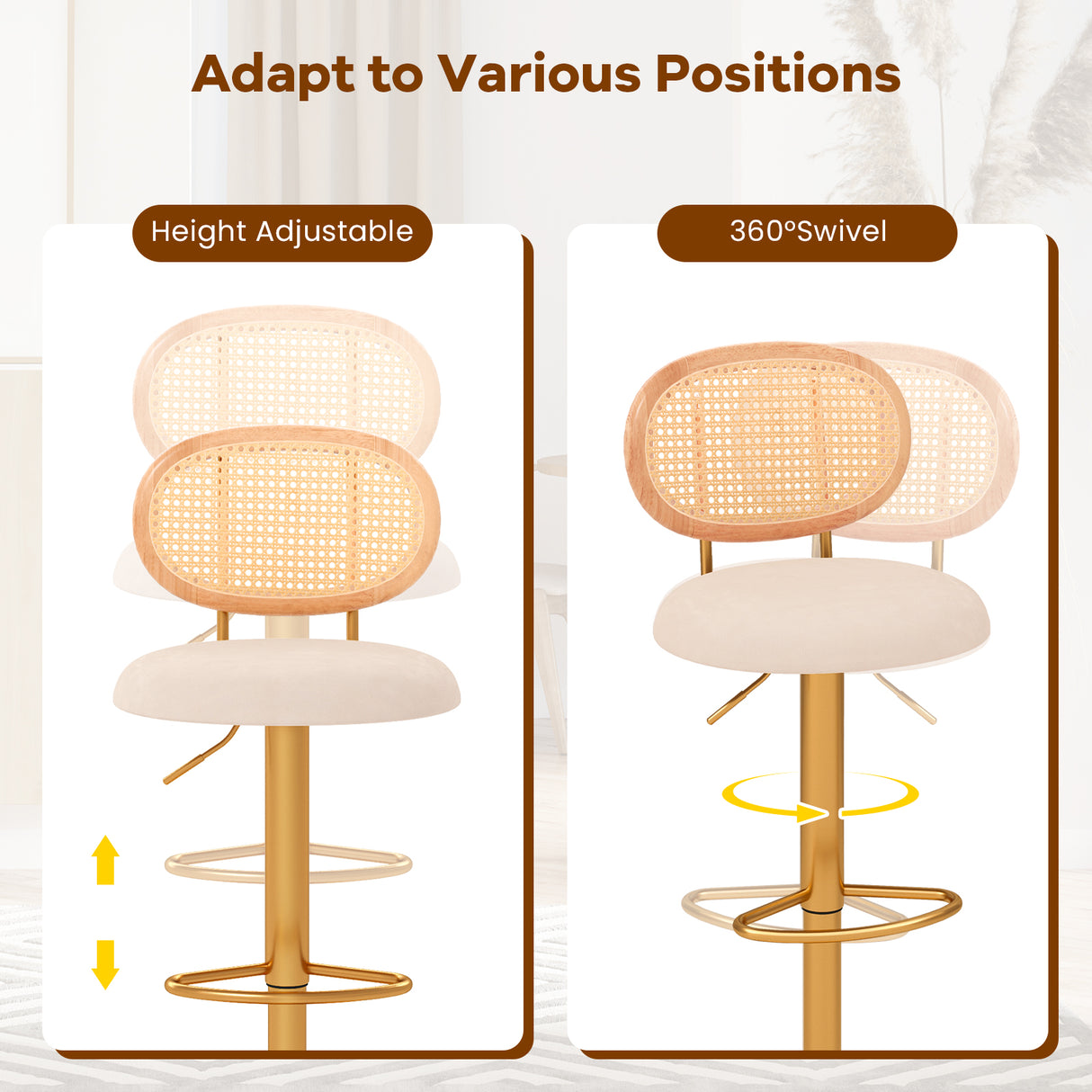 2 Pieces Bar Chairs with PE Rattan Backrest-360°Swivel and Height Adjustable