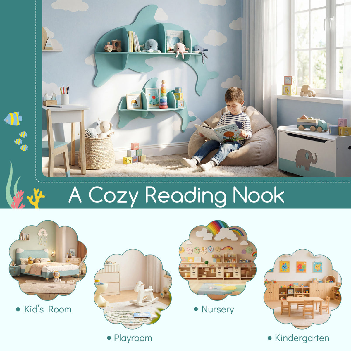 Floating Dolphin Shelves Wall Mounted Storage Display Rack