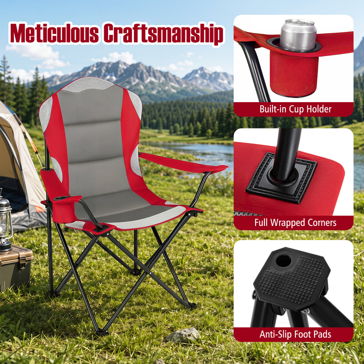 2 Pieces Folding Camping Chairs for Adults with Cup Holders