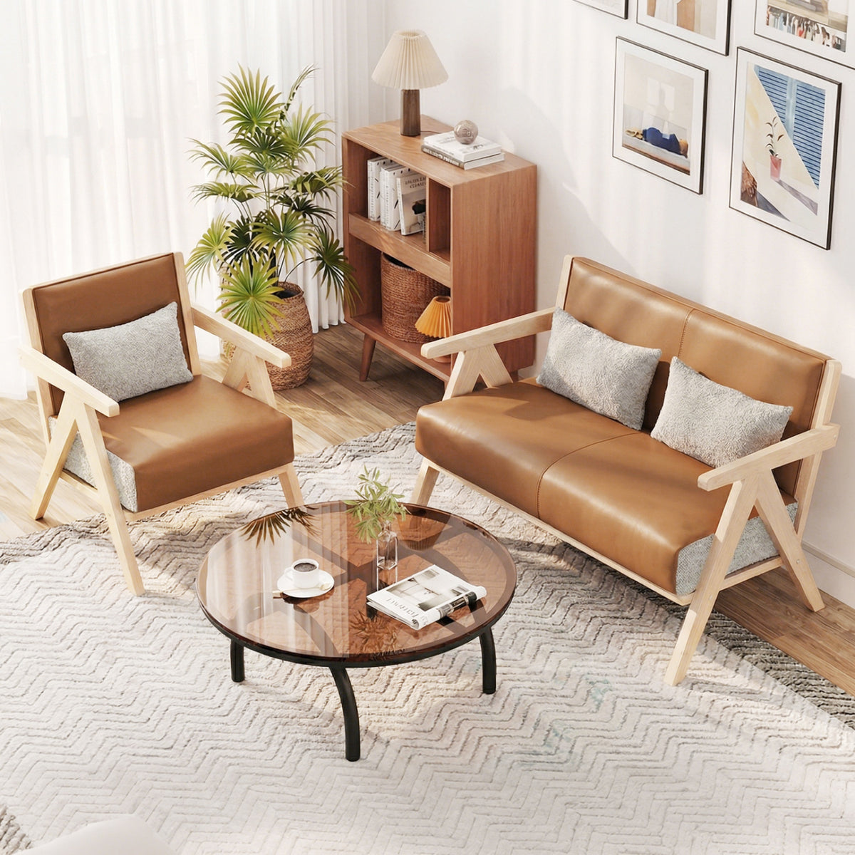 2 Pieces Living Room Furniture Set with Rubber Wood Frame