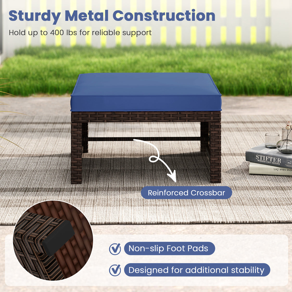 Multipurpose Outdoor 2 Pieces Patio PE Rattan Ottomans Footstool