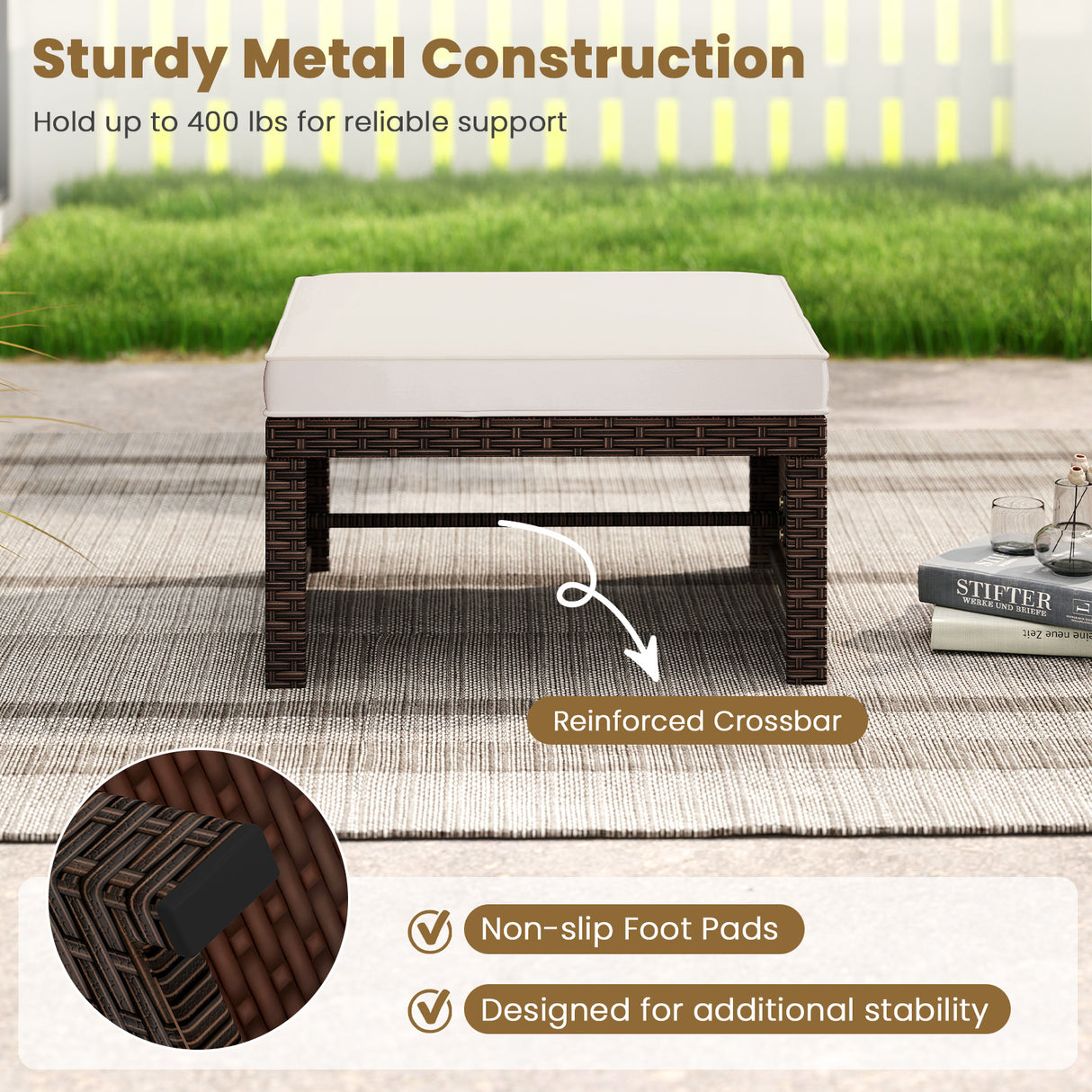 Multipurpose Outdoor 2 Pieces Patio PE Rattan Ottomans Footstool