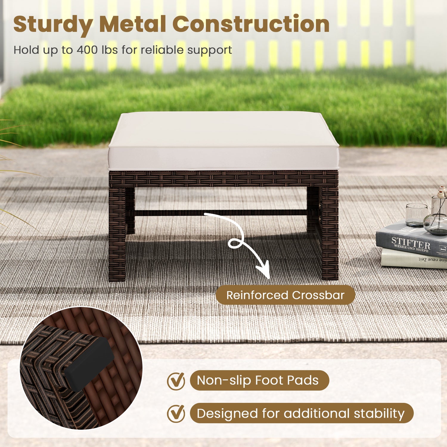 Multipurpose Outdoor 2 Pieces Patio PE Rattan Ottomans Footstool