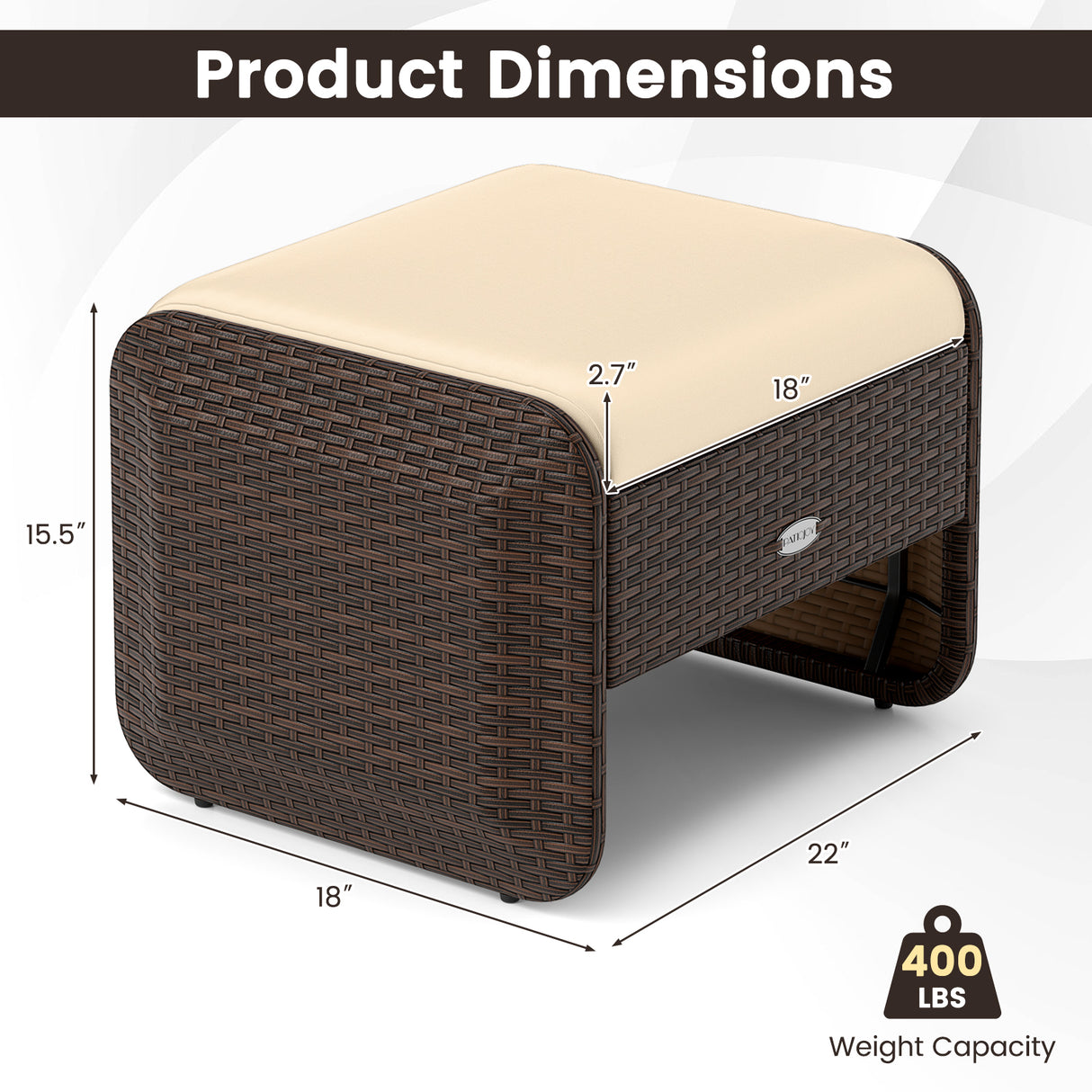 2 Pieces Outdoor Patio PE Wicker Ottomans with Removable Cushions