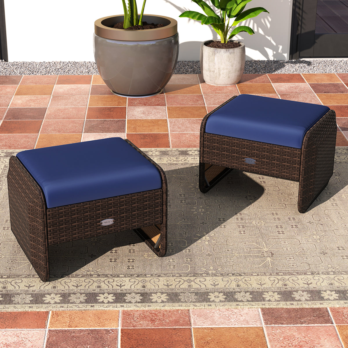 2 Pieces Outdoor Patio PE Wicker Ottomans with Removable Cushions