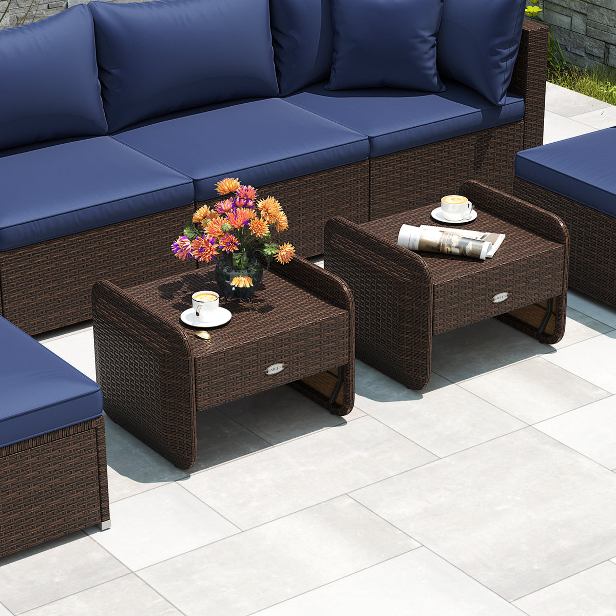 2 Pieces Outdoor Patio PE Wicker Ottomans with Removable Cushions