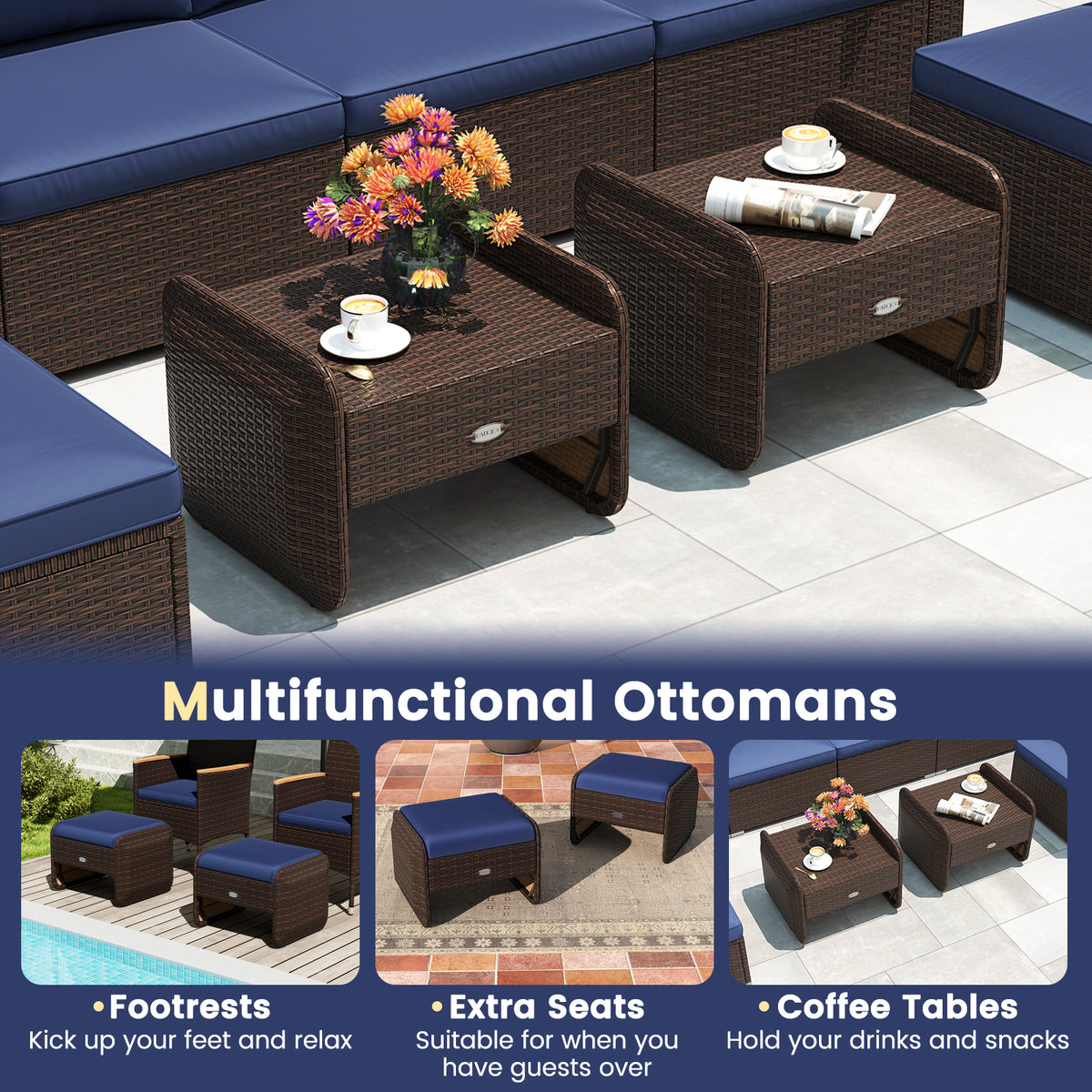 2 Pieces Outdoor Patio PE Wicker Ottomans with Removable Cushions