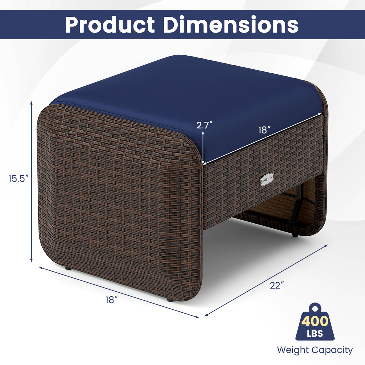 2 Pieces Outdoor Patio PE Wicker Ottomans with Removable Cushions