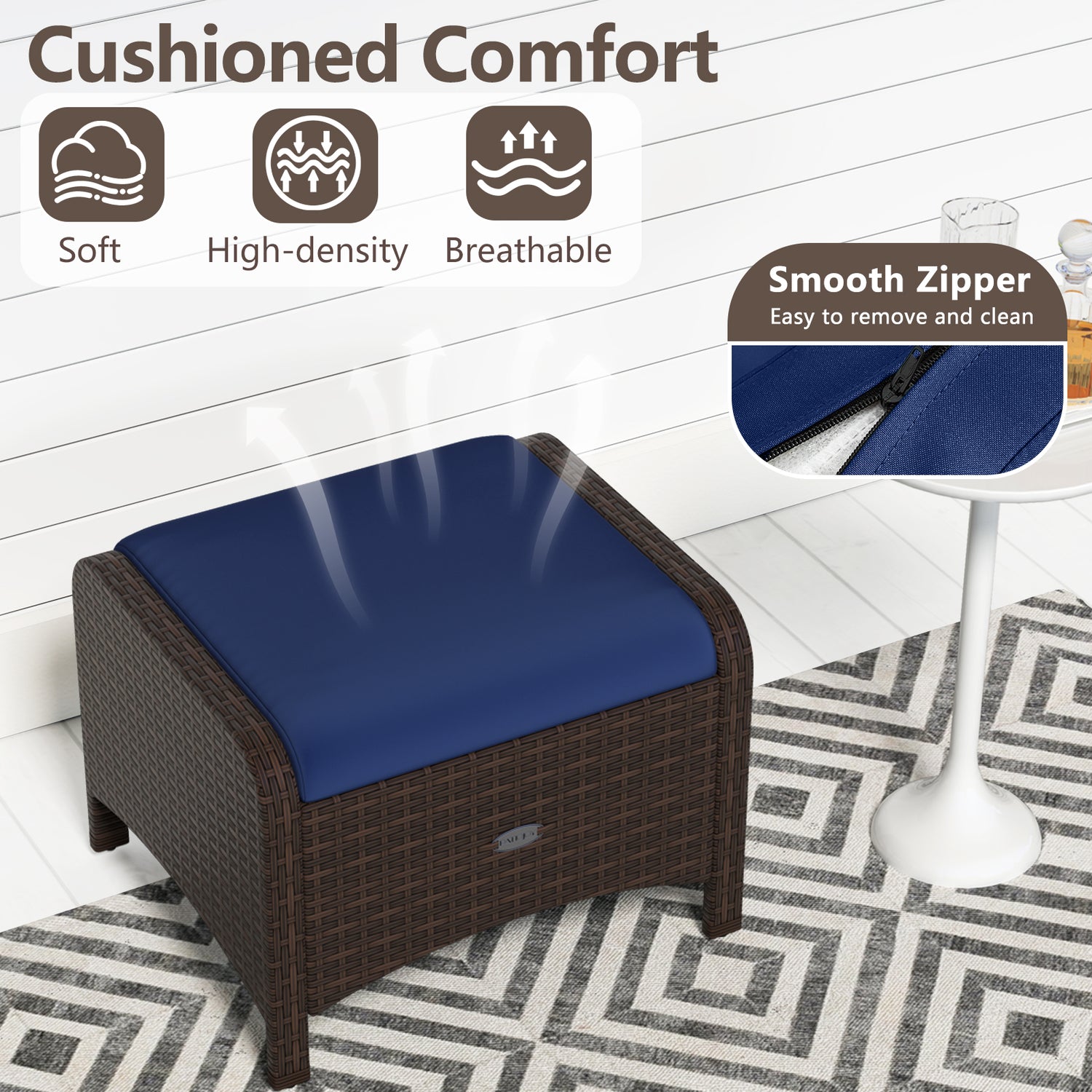 2 Pieces Outdoor Patio PE Wicker Ottomans with Removable Cushions