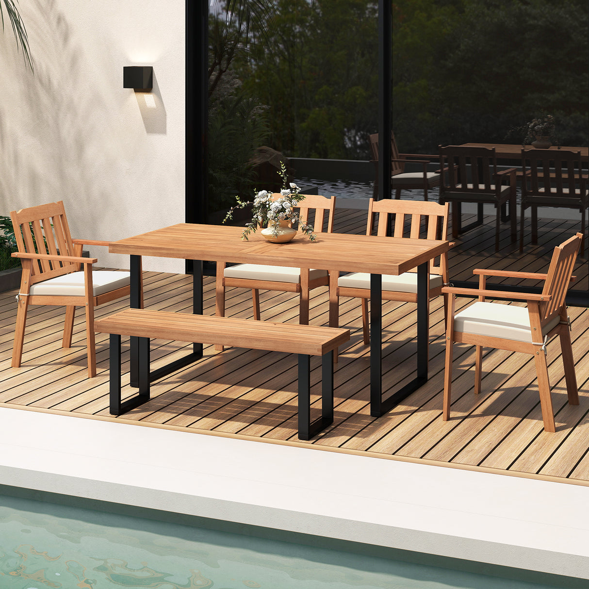 2 Pieces Patio Dining Chairs Outdoor Acacia Wood Chairs-White