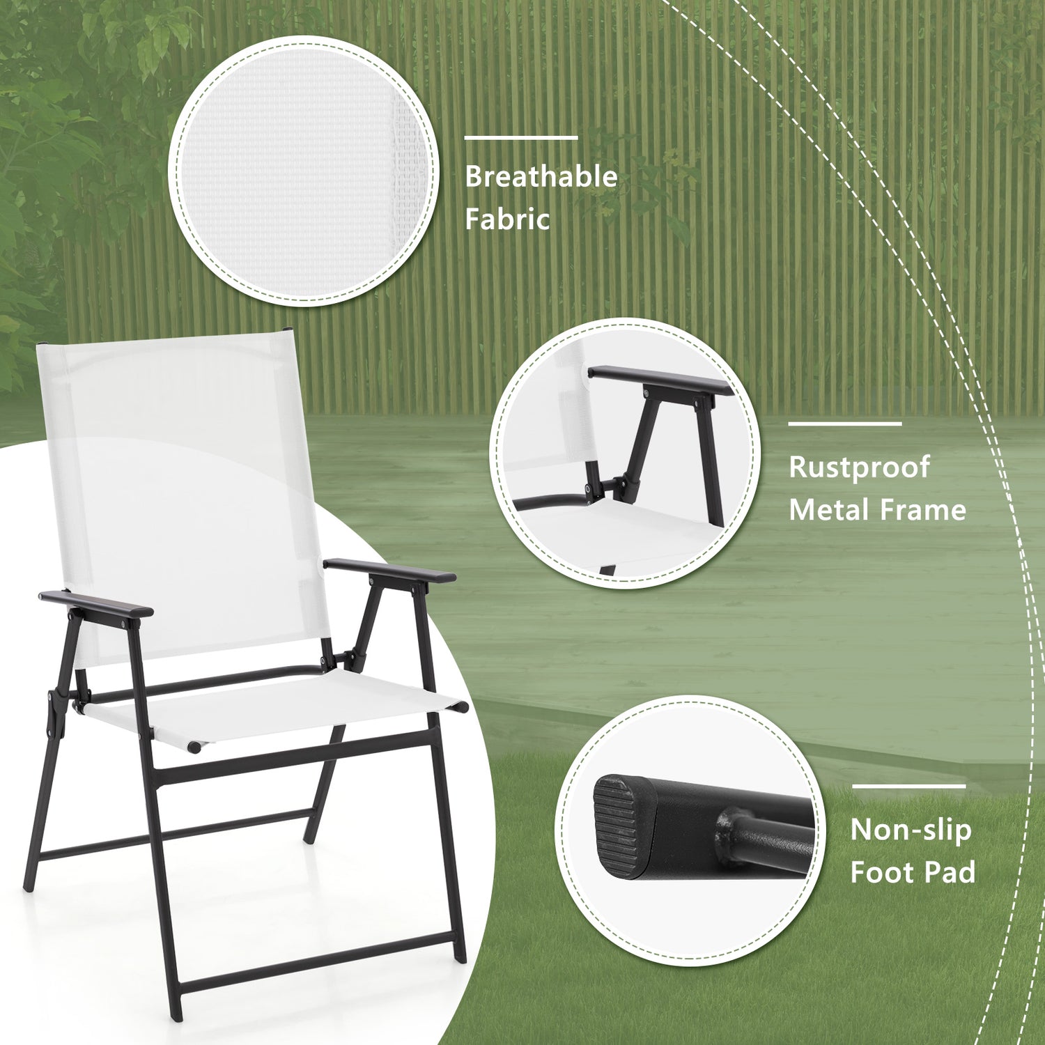 2 Pieces Patio Folding Chairs with Armrests for Deck Garden Yard