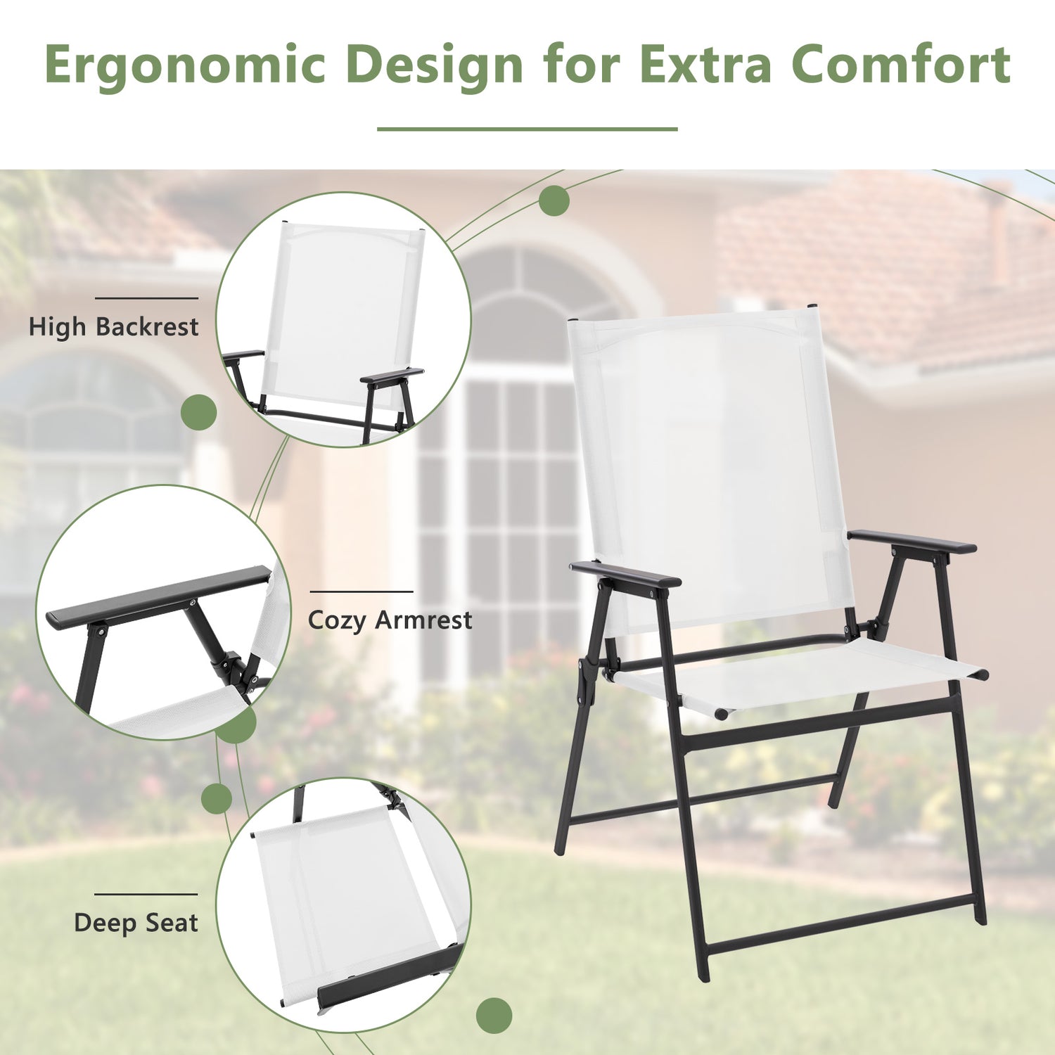2 Pieces Patio Folding Chairs with Armrests for Deck Garden Yard