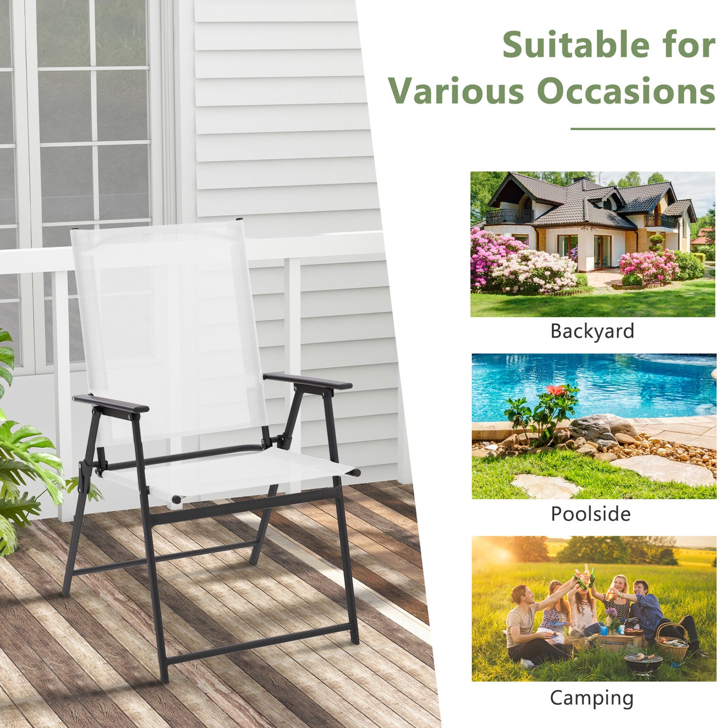2 Pieces Patio Folding Chairs with Armrests for Deck Garden Yard