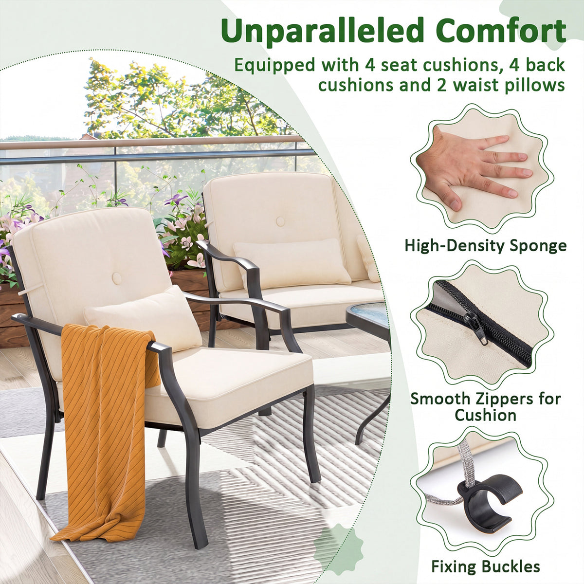 2 Piece Patio Metal Chairs with Seat and Back Cushions