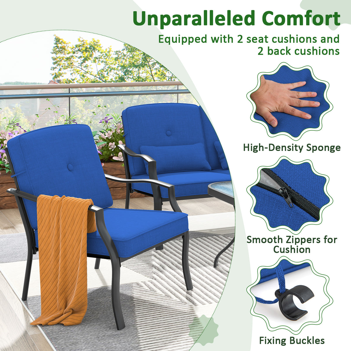 2 Piece Patio Metal Chairs with Seat and Back Cushions