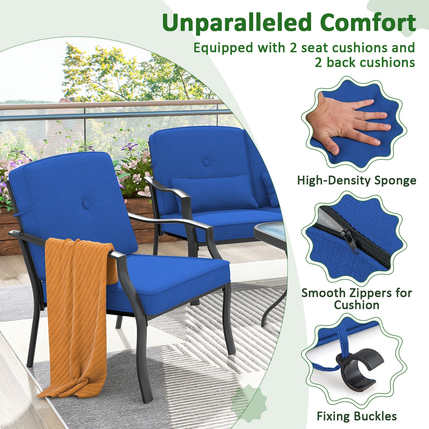 2 Piece Patio Metal Chairs with Seat and Back Cushions