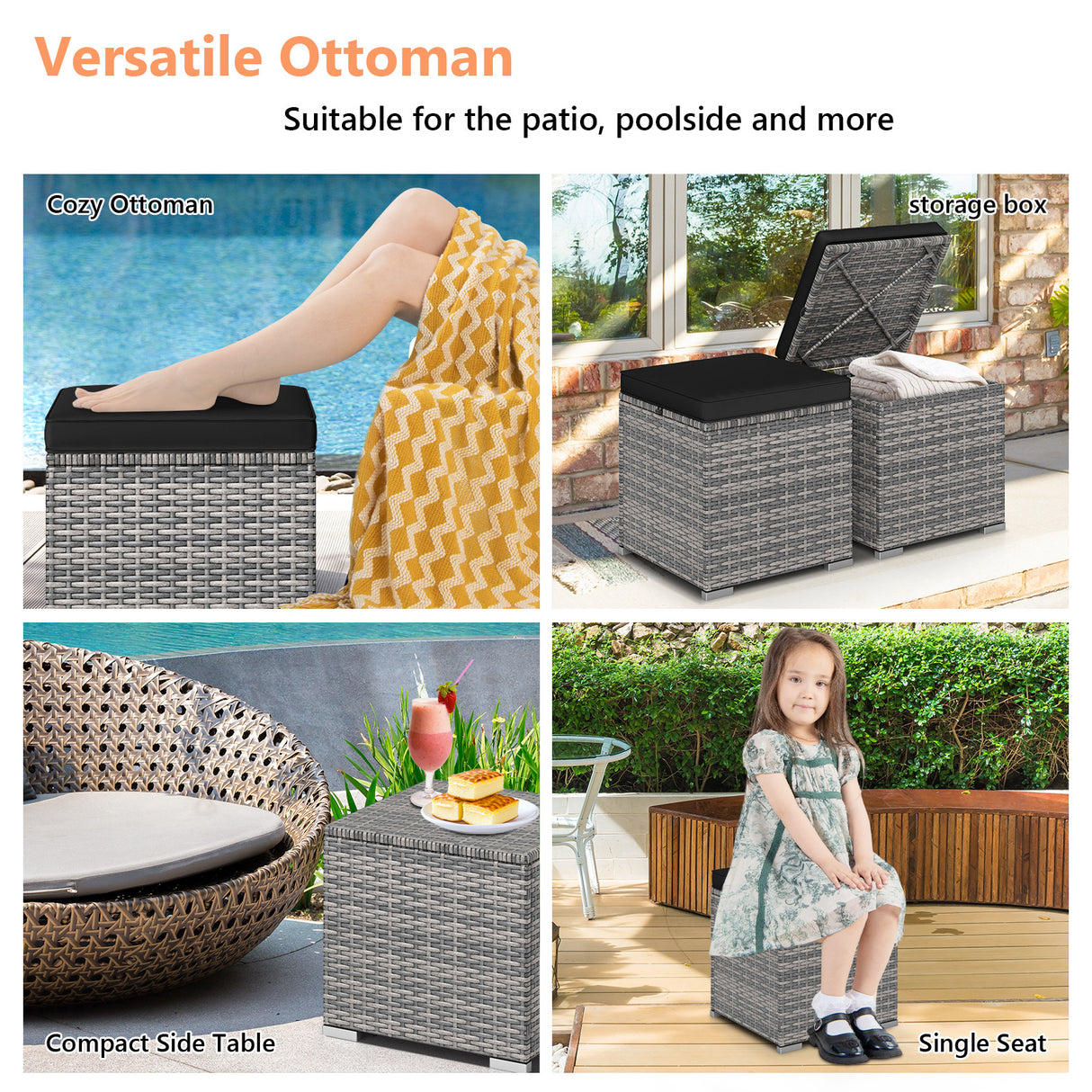 2 Pieces Patio Ottoman with Removable Cushions