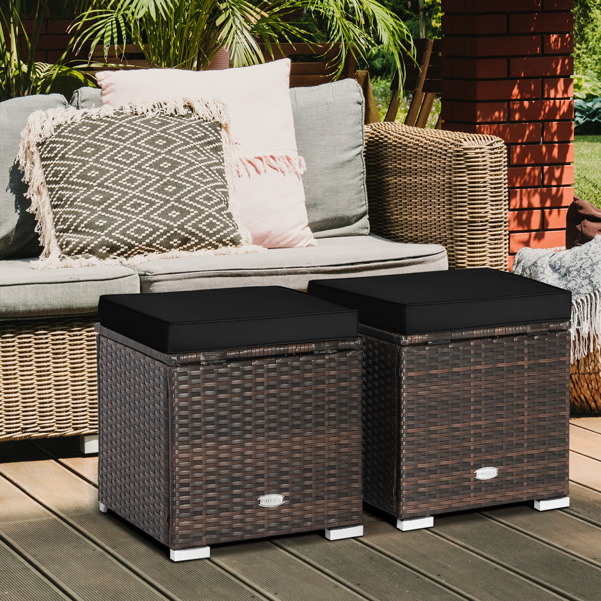 2 Pieces Patio Ottoman with Removable Cushions