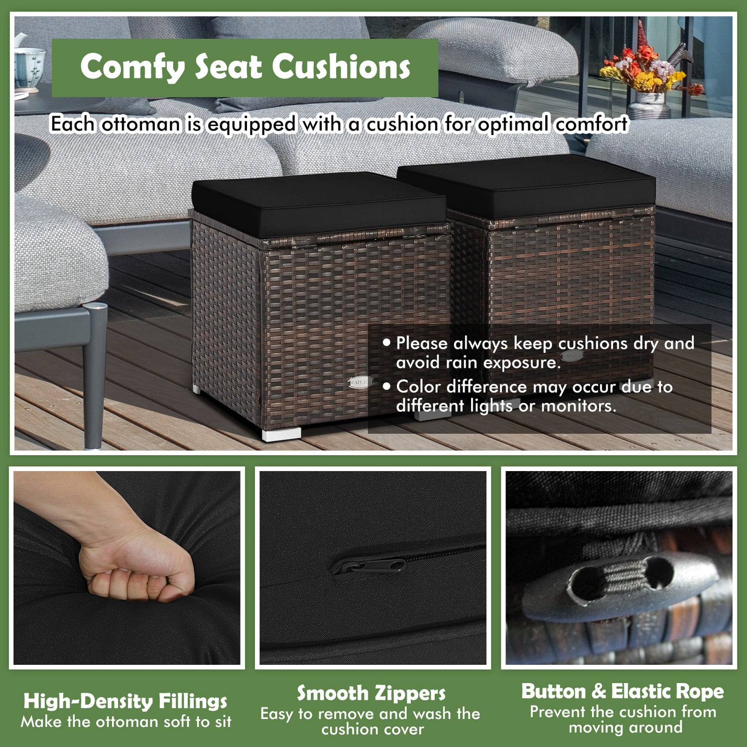 2 Pieces Patio Ottoman with Removable Cushions