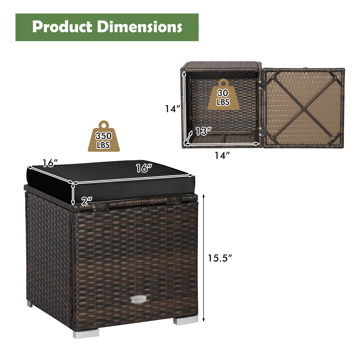 2 Pieces Patio Ottoman with Removable Cushions