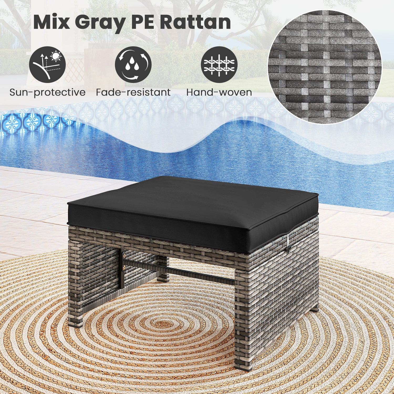 2 Pieces Patio PE Rattan Ottomans with Soft Zippered Cushions for Deck