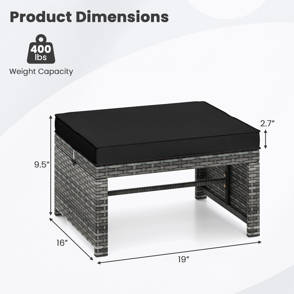 2 Pieces Patio PE Rattan Ottomans with Soft Zippered Cushions for Deck