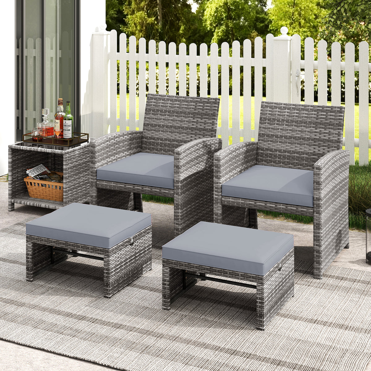 2 Pieces Patio PE Rattan Ottomans with Soft Zippered Cushions for Deck