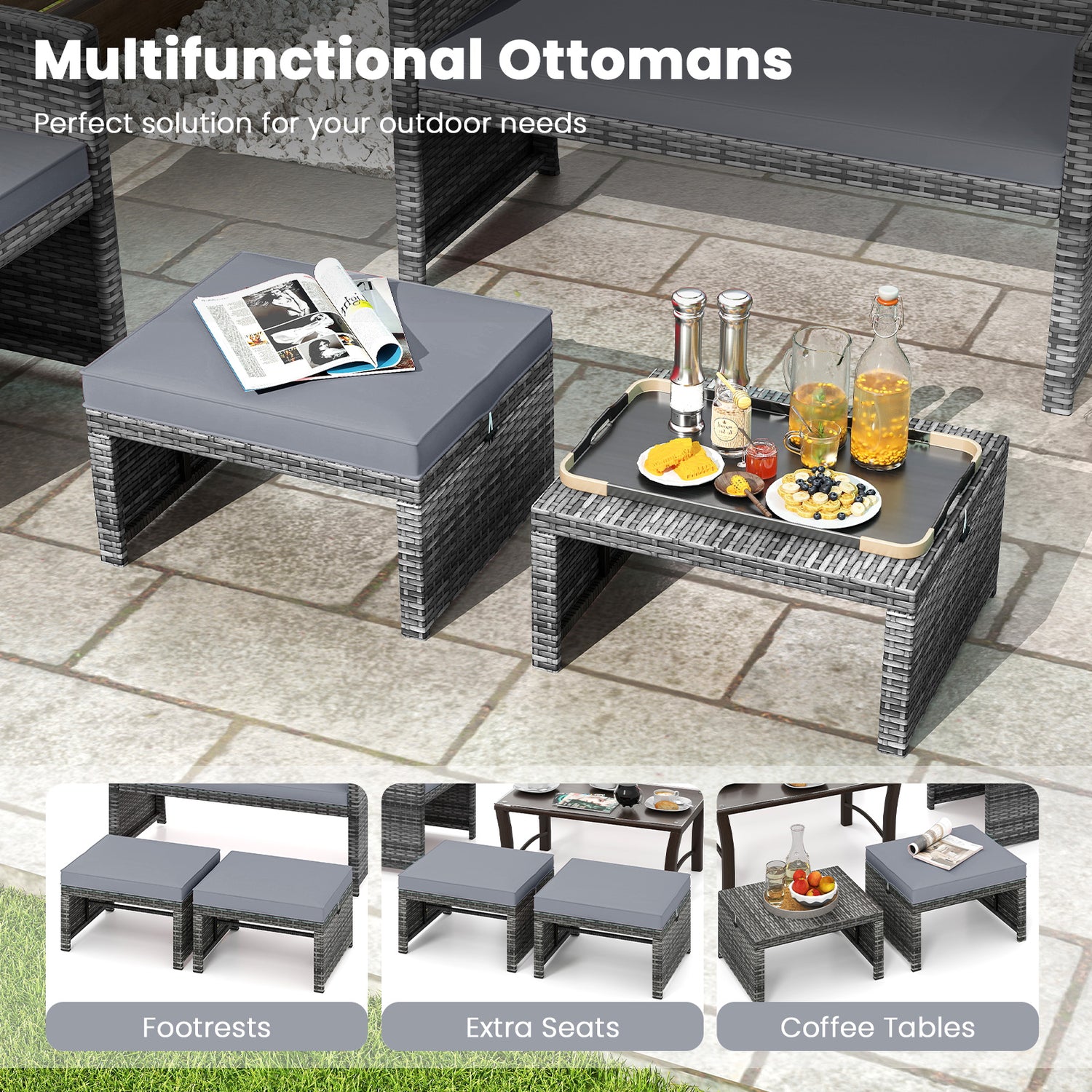 2 Pieces Patio PE Rattan Ottomans with Soft Zippered Cushions for Deck