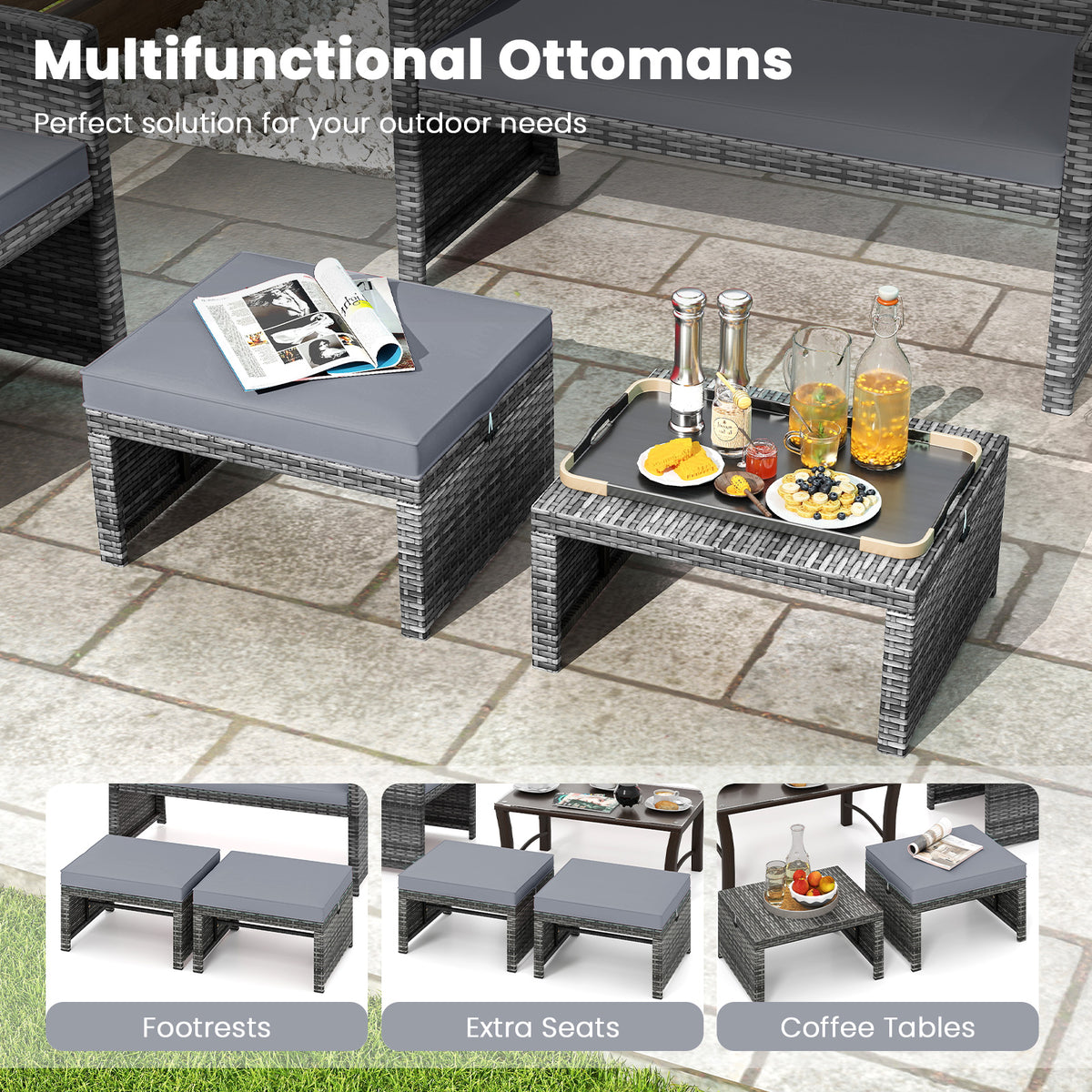2 Pieces Patio PE Rattan Ottomans with Soft Zippered Cushions for Deck
