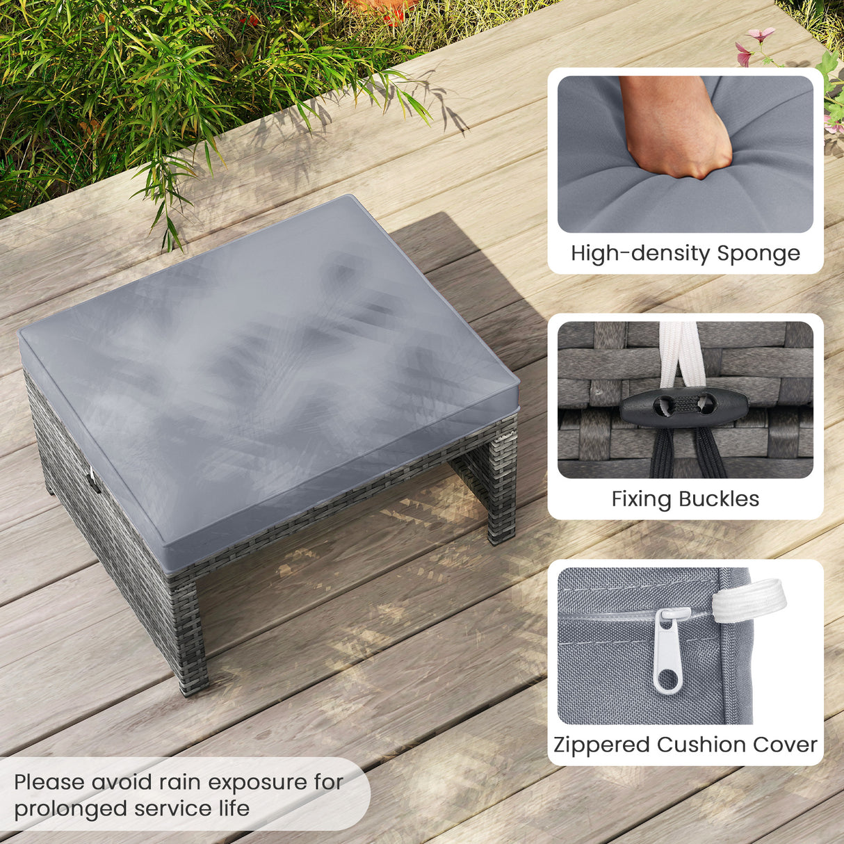 2 Pieces Patio PE Rattan Ottomans with Soft Zippered Cushions for Deck