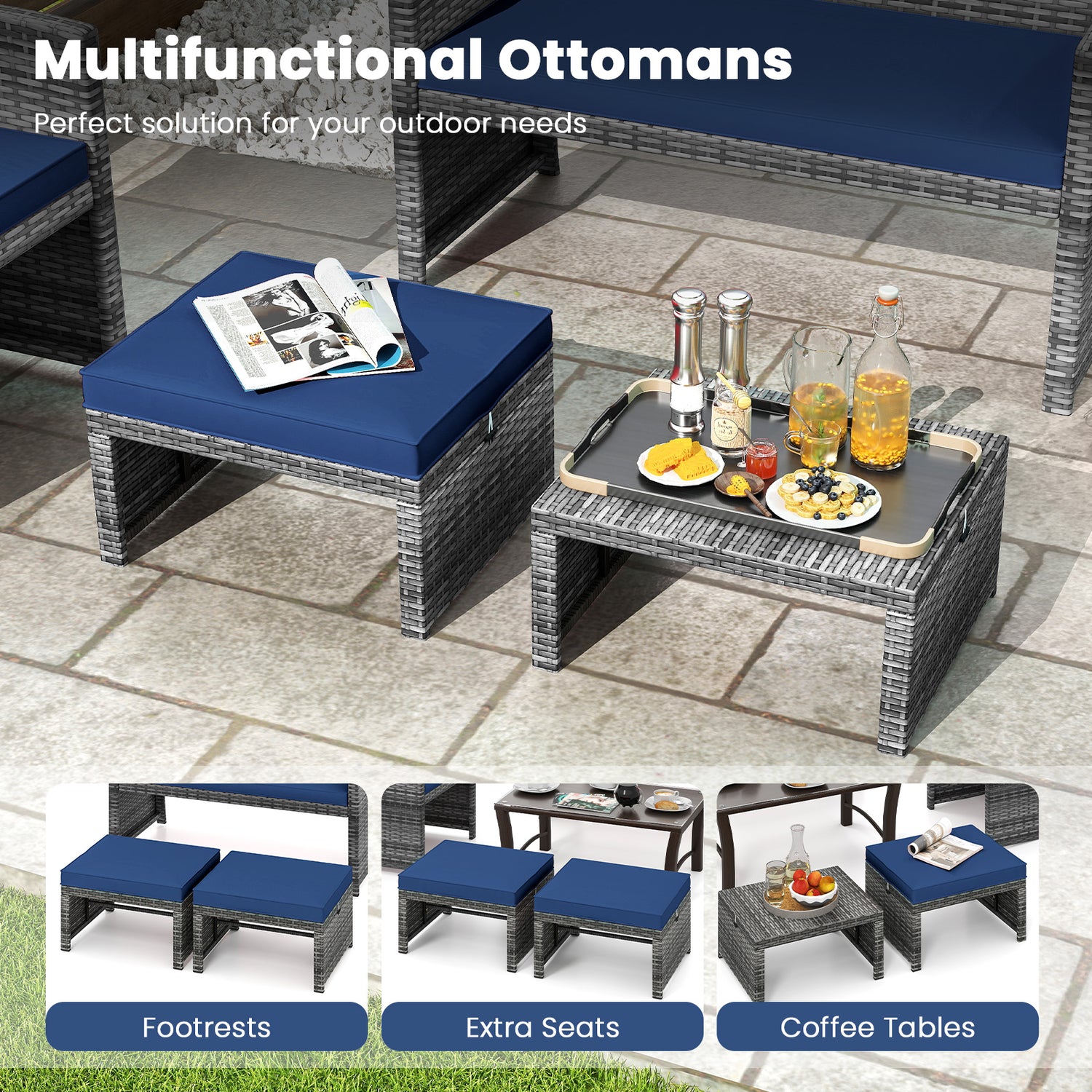 2 Pieces Patio PE Rattan Ottomans with Soft Zippered Cushions for Deck