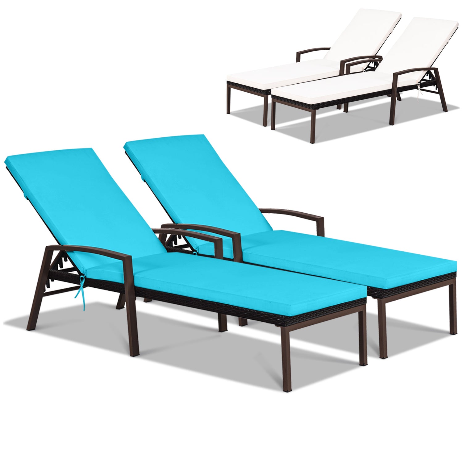 2 Pieces Patio Rattan Adjustable Back Lounge Chair with Armrest and Removable Cushions