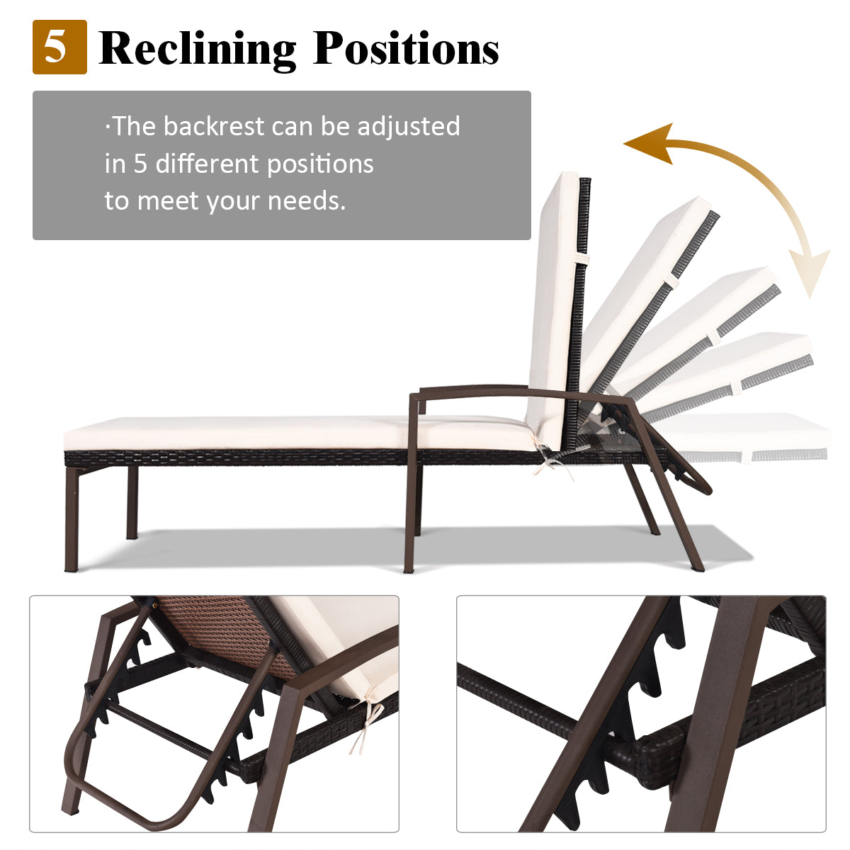 2 Pieces Patio Rattan Adjustable Back Lounge Chair with Armrest and Removable Cushions