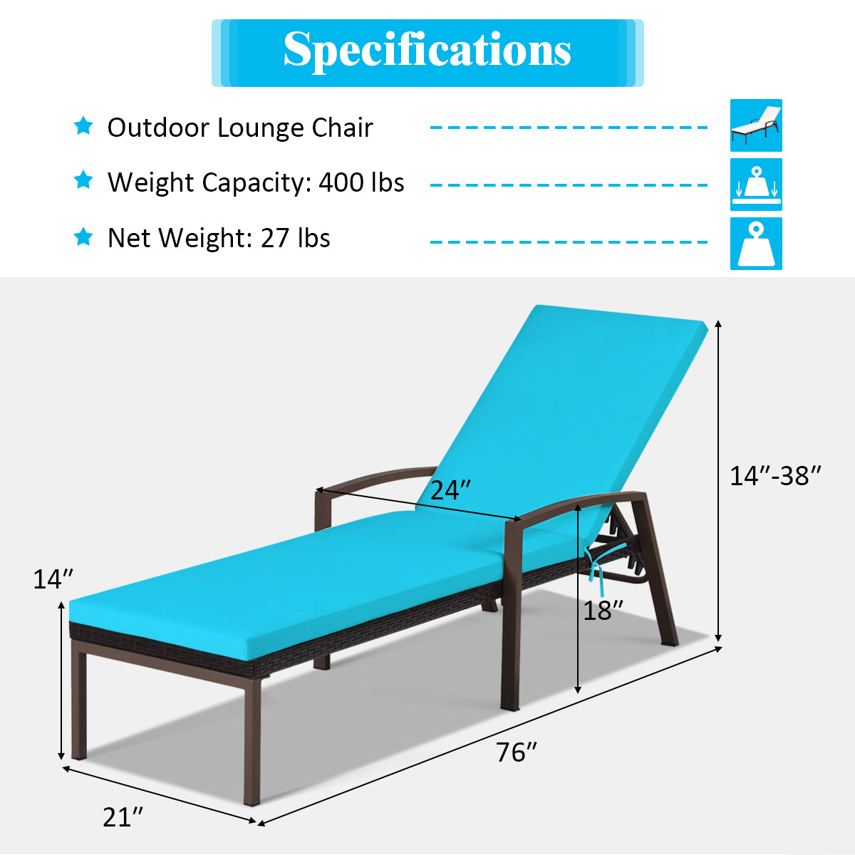 2 Pieces Patio Rattan Adjustable Back Lounge Chair with Armrest and Removable Cushions