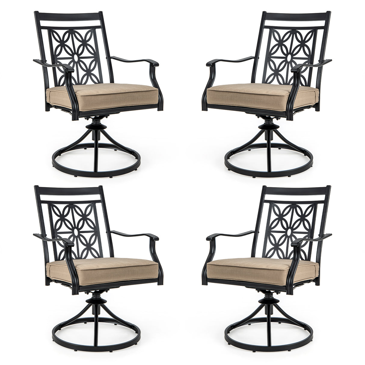 2 Pieces Patio Swivel Chairs with Blossom Pattern Backrest and Cushions-Black