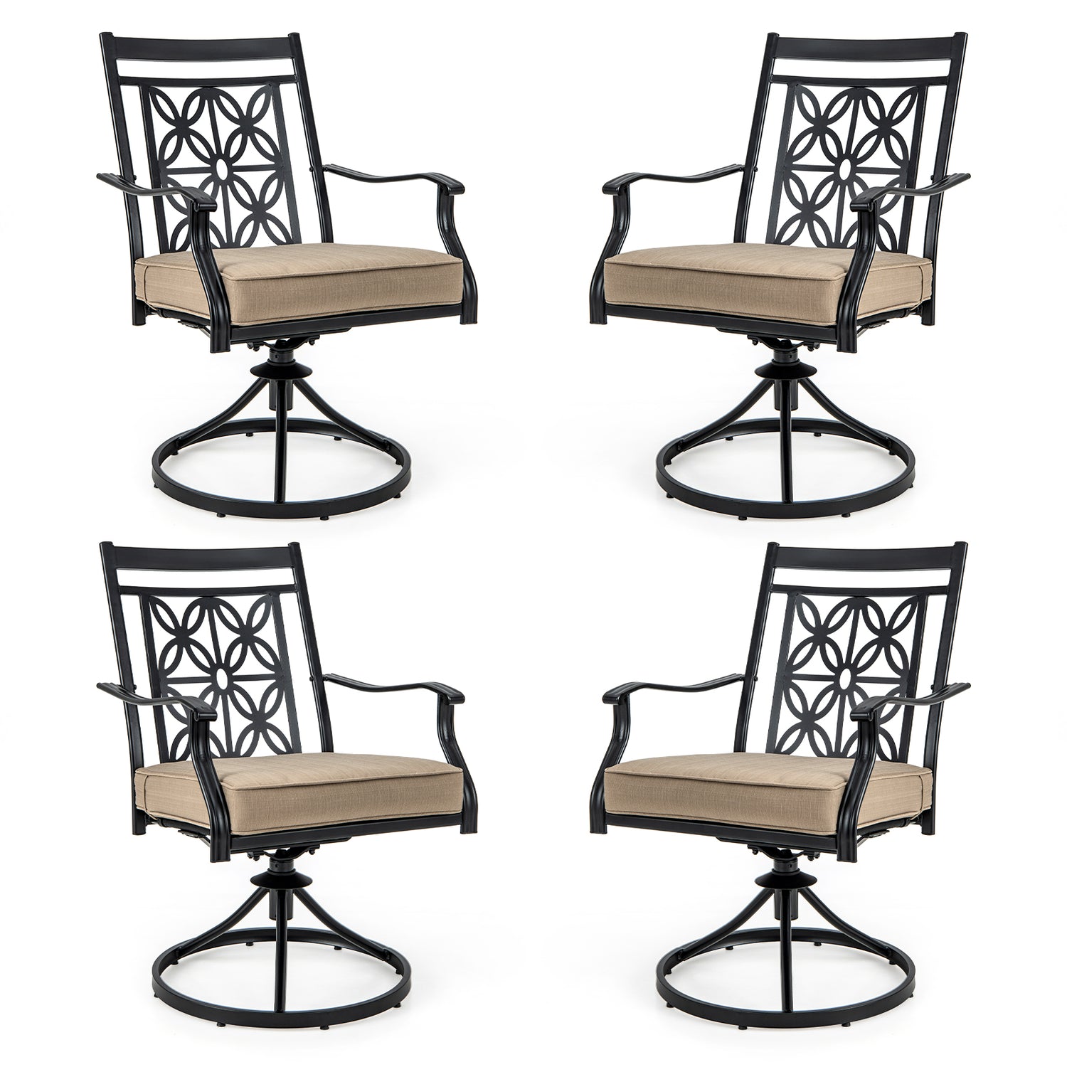 2 Pieces Patio Swivel Chairs with Blossom Pattern Backrest and Cushions-Black