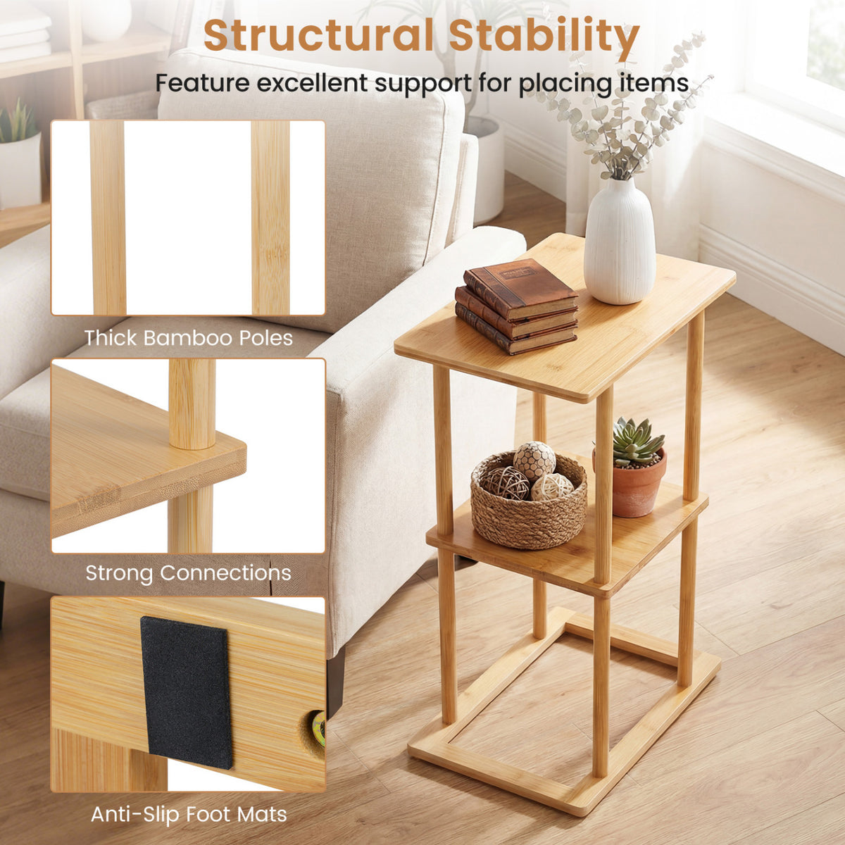 2 Pieces Side Table with Storage Shelves and Bamboo Construction-Natural