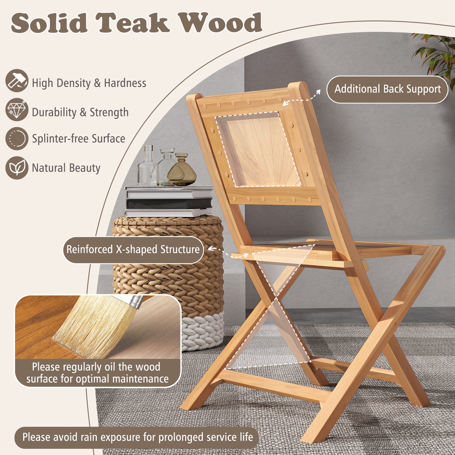2 Pieces Teak Wood Outdoor Dining Chairs with Slatted Seat